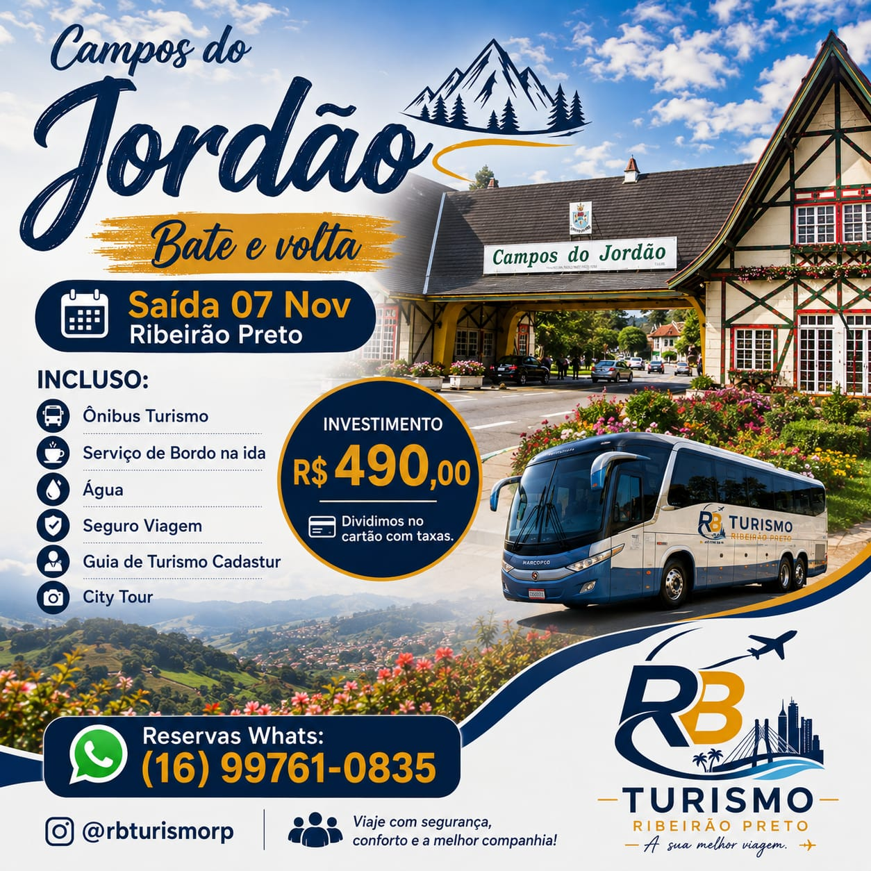 Excursão bate e volta para Campos do Jordão, saída 07 de novembro de Ribeirão Preto por R$ 490