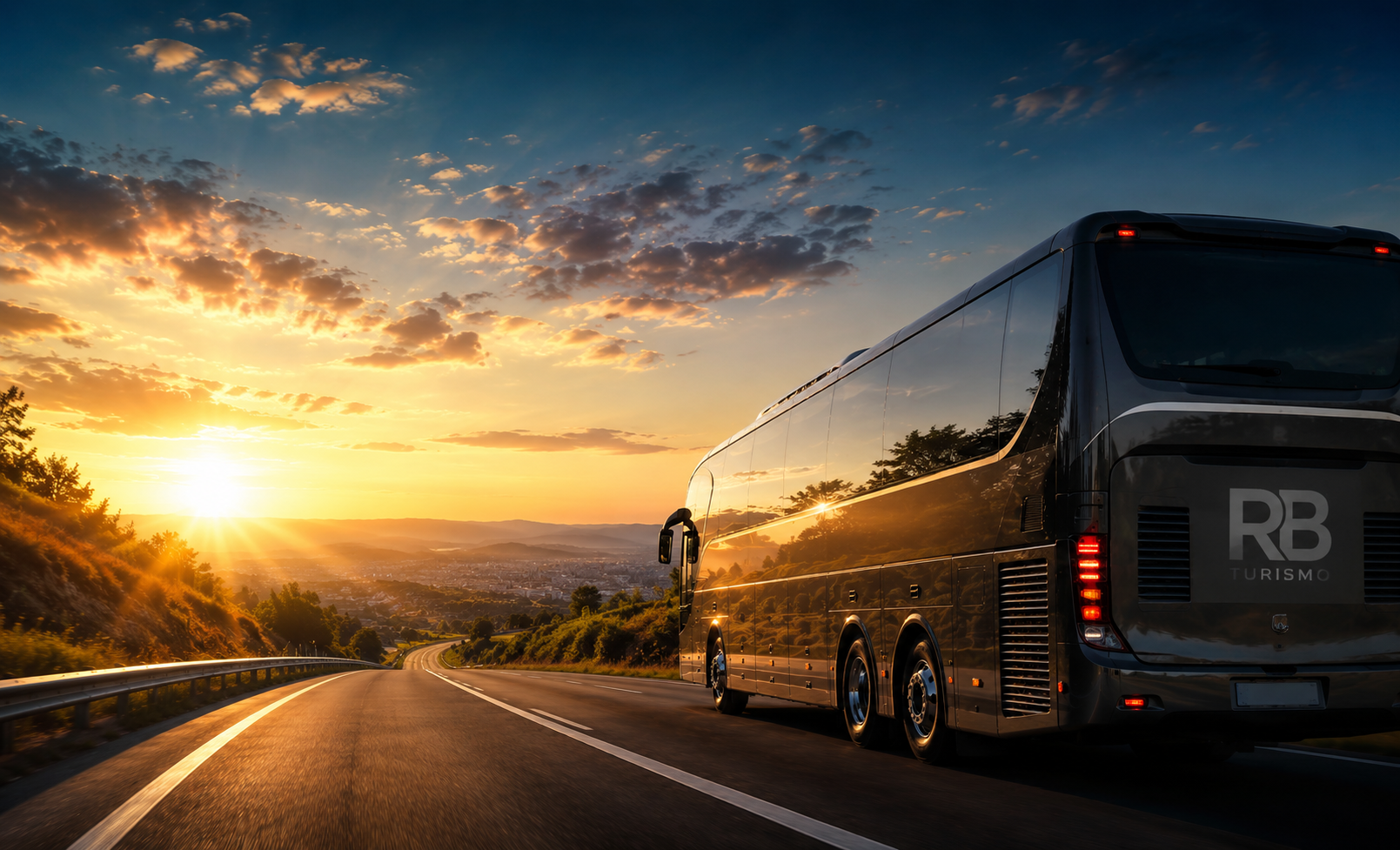 Ônibus RB Turismo em estrada ao pôr do sol