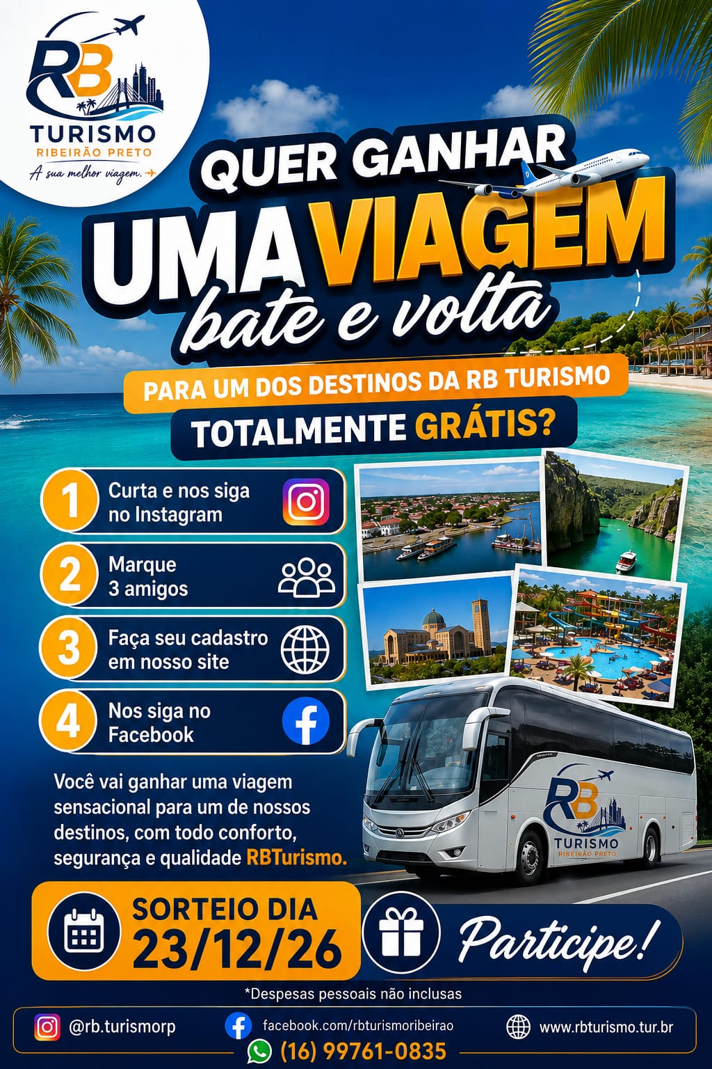 Promoção: concorra a uma viagem bate e volta grátis da RB Turismo, sorteio dia 23/12/26